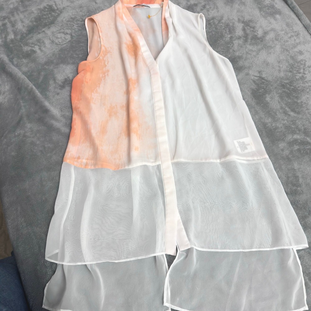 Tahari Womens M Peach Abstract Print Sheer Panel Sleeveless Blouse